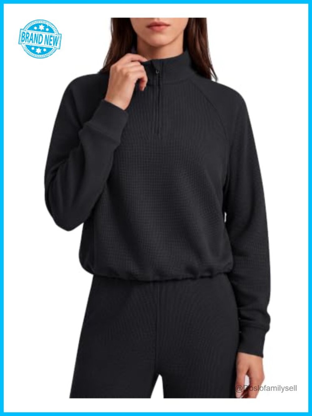 Women's Waffle Knit Half Zip Sweatshirt Mock Neck Cinchable Hem Pullover Top